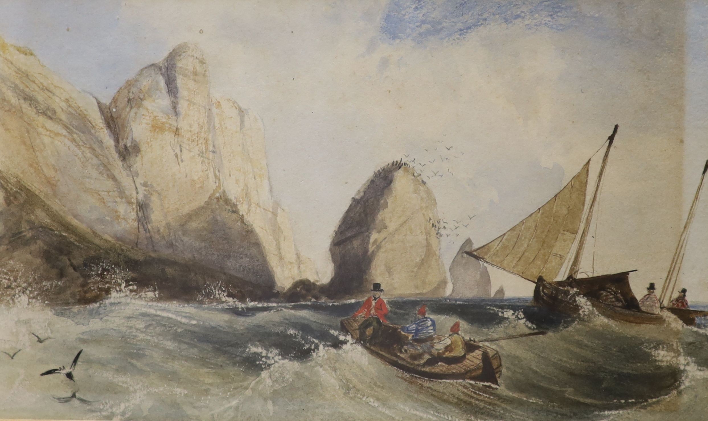 William Roxby Beverley (1811-1889), watercolour, Boats by the rocks, signed verso 14 x 23cm